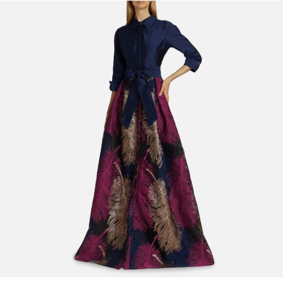 Teri Jon by Rickie Freeman Two-Tone Feather Jacquard Shirt Gown